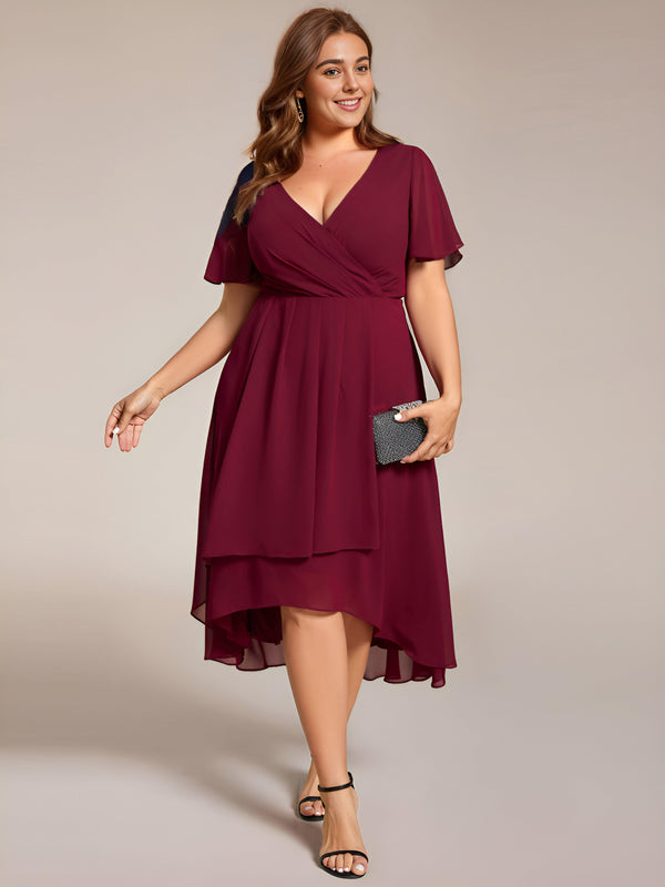 Plus Size Chiffon Short Sleeve High-Low Wedding Guest Dress