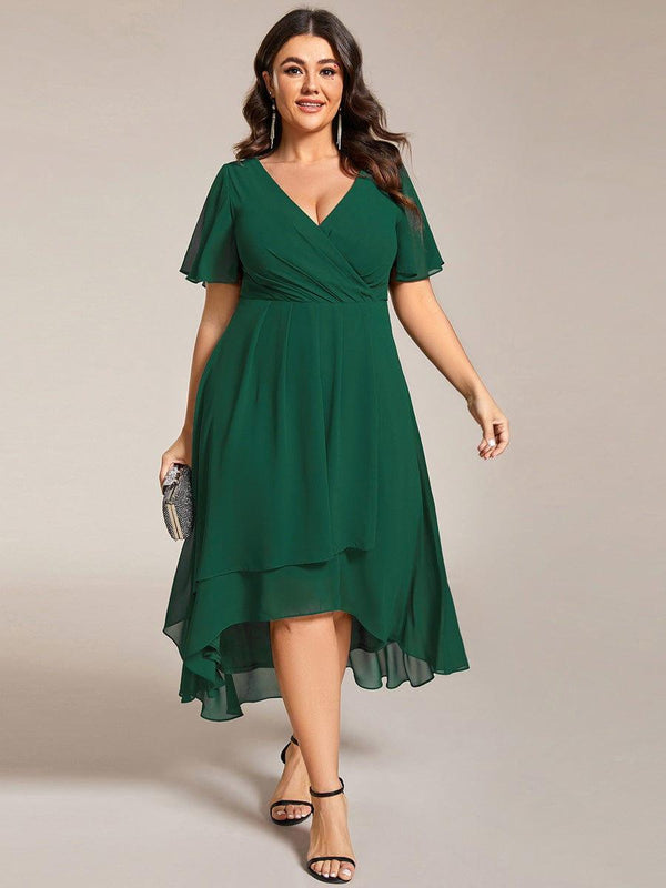 Plus Size Chiffon Short Sleeve High-Low Wedding Guest Dress