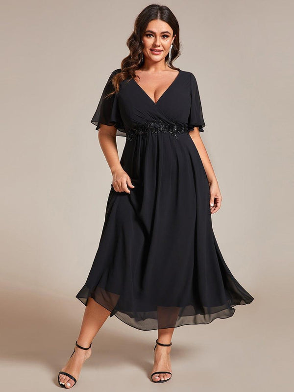 Plus Size V-Neck Chiffon Midi Wedding Guest Dress