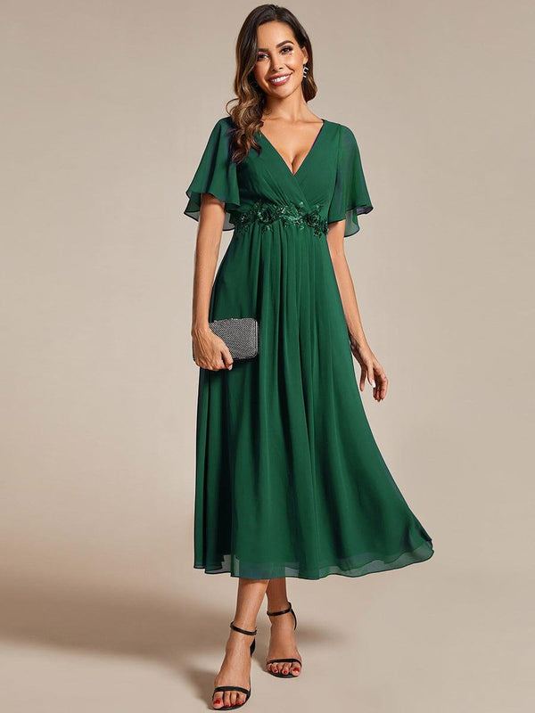 V-Neck Chiffon Midi Evening Dress