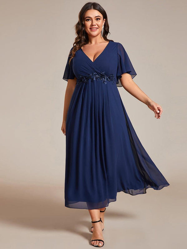 Plus Size V-Neck Chiffon Midi Wedding Guest Dress