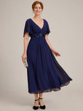 V-Neck Chiffon Midi Mother of the Bride Dress with Waist Applique (Final Sale)