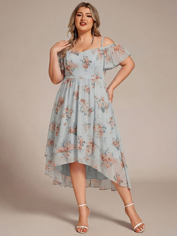 Plus Size Off-Shoulder High-Low Chiffon Wedding Guest Dresses with Short Sleeves