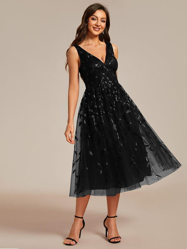 Sequined V-Neck A-Line Midi Wedding Guest Dress Sleeveless