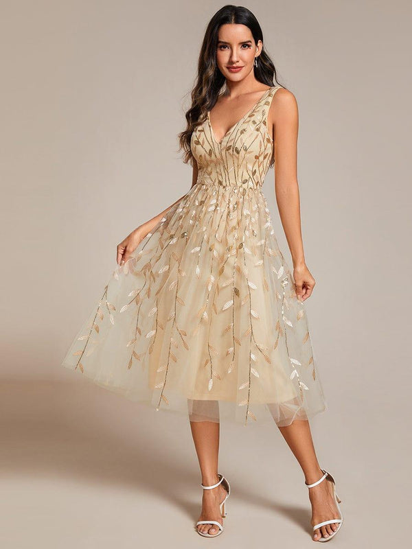 Sequined V-Neck A-Line Midi Wedding Guest Dress Sleeveless (Final Sale)