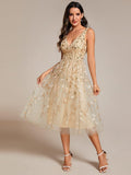 Sequined V-Neck A-Line Midi Wedding Guest Dress Sleeveless (Final Sale)