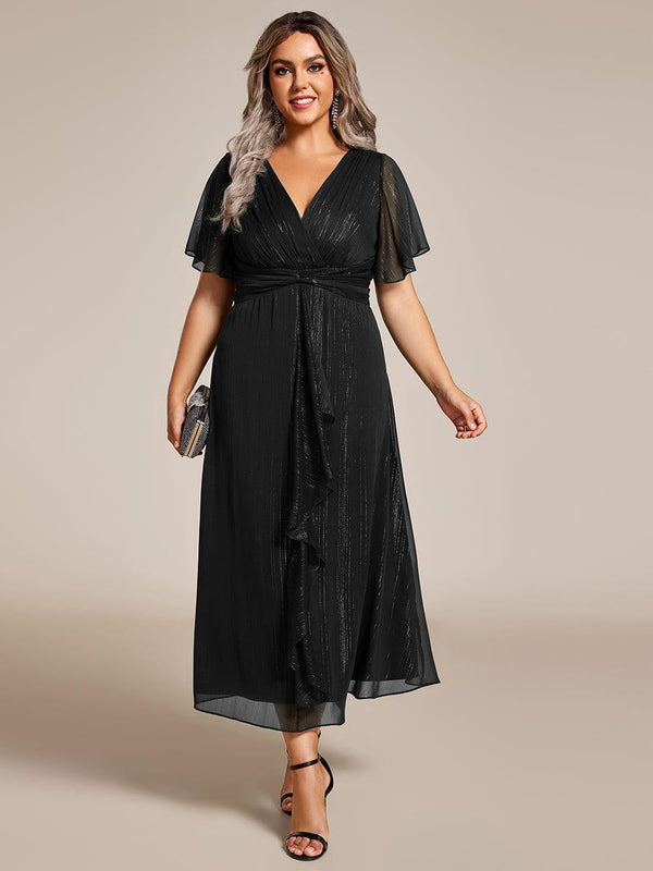 Plus Size Glitter Short Sleeve A-Line Midi Wedding Guest Dress