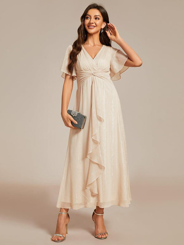 Glitter Short Sleeve A-Line Midi Wedding Guest Dress with Ruffled Hem