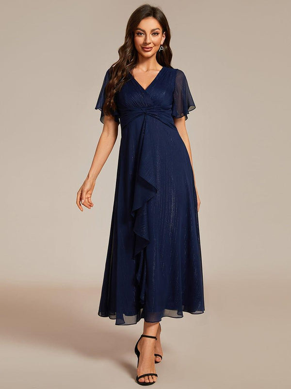 Glitter Short Sleeve A-Line Midi Wedding Guest Dress