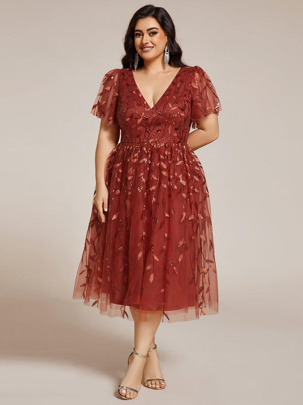 Plus Size Leaf Sequin Tulle Midi Wedding Guest Dress