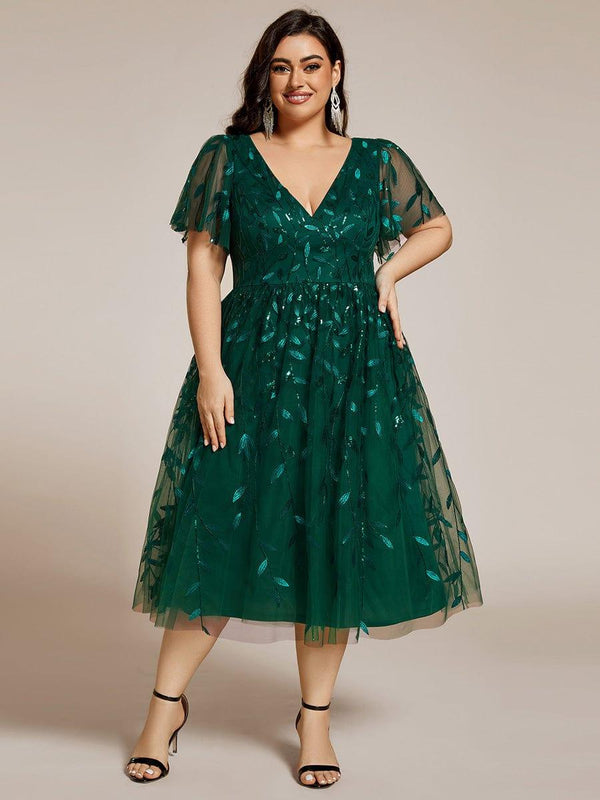 Plus Size Leaf Sequin Tulle Midi Wedding Guest Dress (Final Sale)