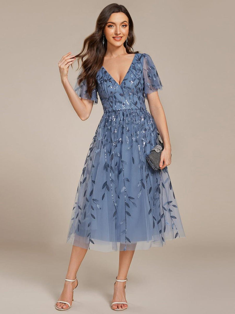 Leaf Sequin Short Sleeve Tulle Midi Wedding Guest Dress (Final Sale)