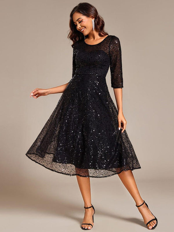 Dazzling Sequin A-Line Midi Wedding Guest Dress with Long Sleeves (Final Sale)