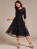 Dazzling Sequin A-Line Midi Wedding Guest Dress with Long Sleeves (Final Sale)