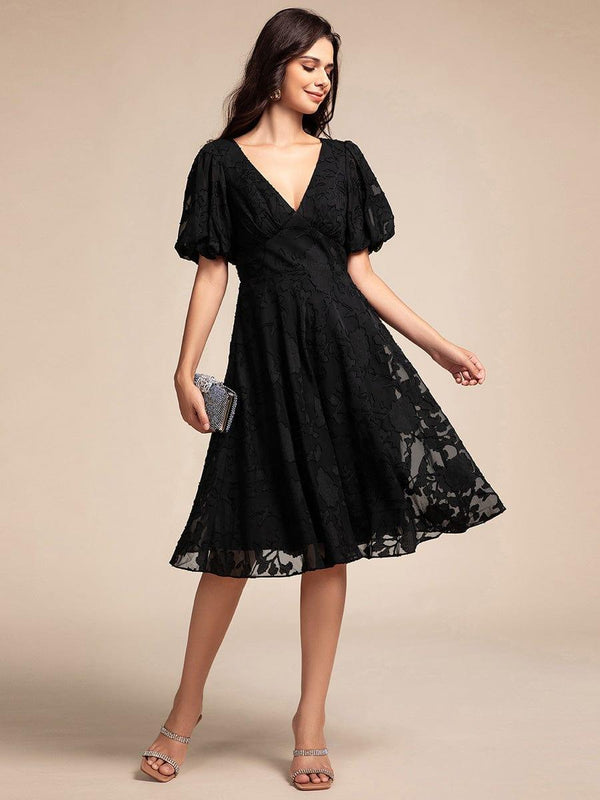 V-neck Puffy Midi Wedding Guest Dress With Short Sleeves