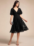 V-neck Puffy Midi Wedding Guest Dress With Short Sleeves