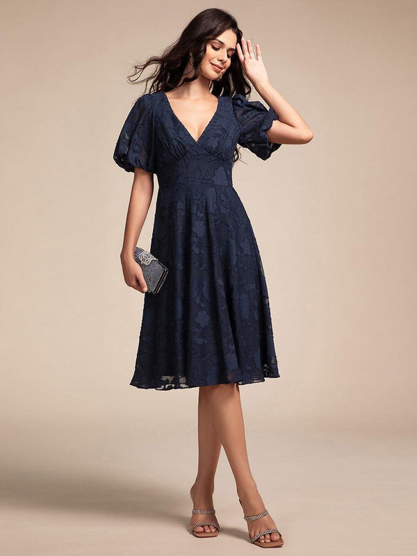 V-neck Puffy Midi Wedding Guest Dress