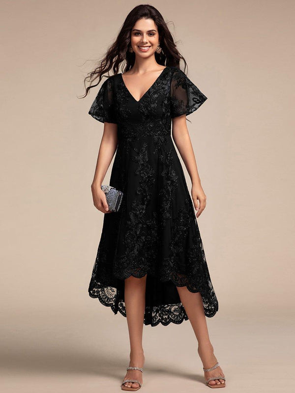 Embroidered Mesh High-Low Midi Wedding Guest Dress