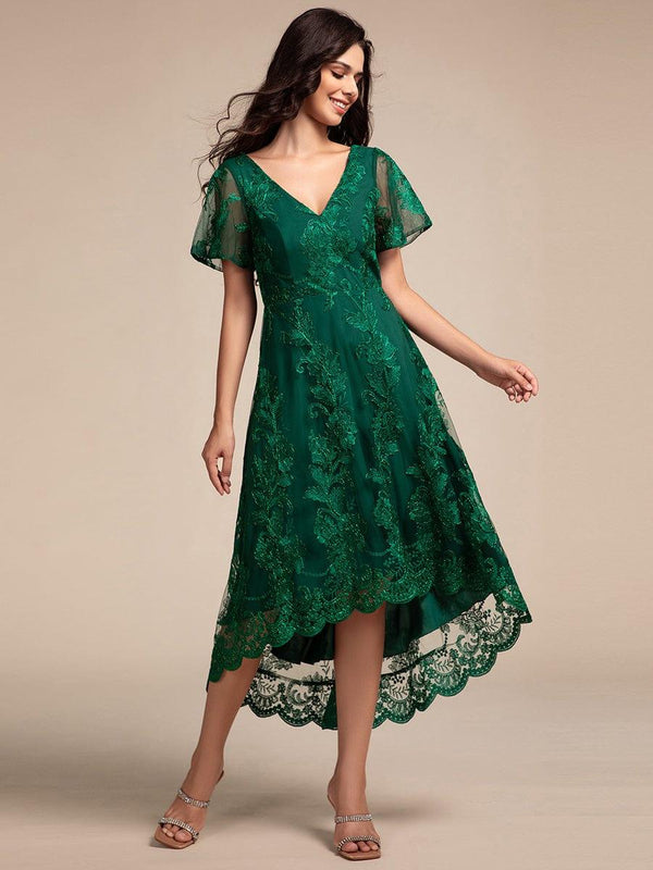 Embroidered Mesh High-Low Midi Wedding Guest Dress
