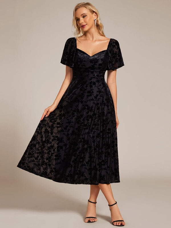Velvet Short Sleeve Tea-Length Jacquard Wedding Guest Dress