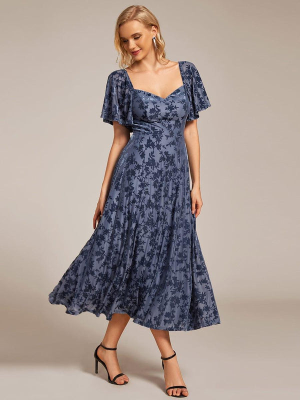 Velvet Short Sleeve Tea-Length Jacquard Wedding Guest Dress