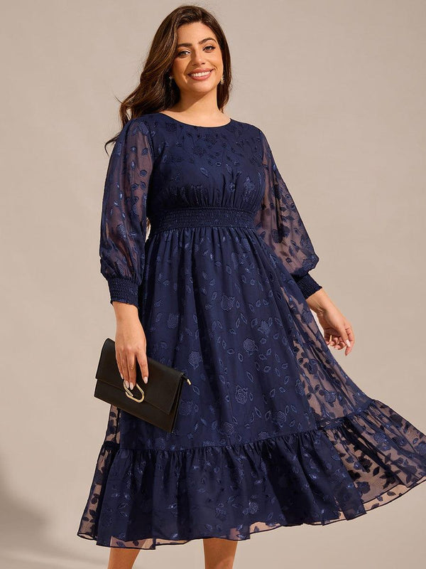 Plus Size Round Neckline Long Sleeve Chiffon Wedding Guest Dress