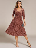 3/4 Sleeve V Neck A-Line Velvet Jacquard Midi Length Wedding Guest Dress