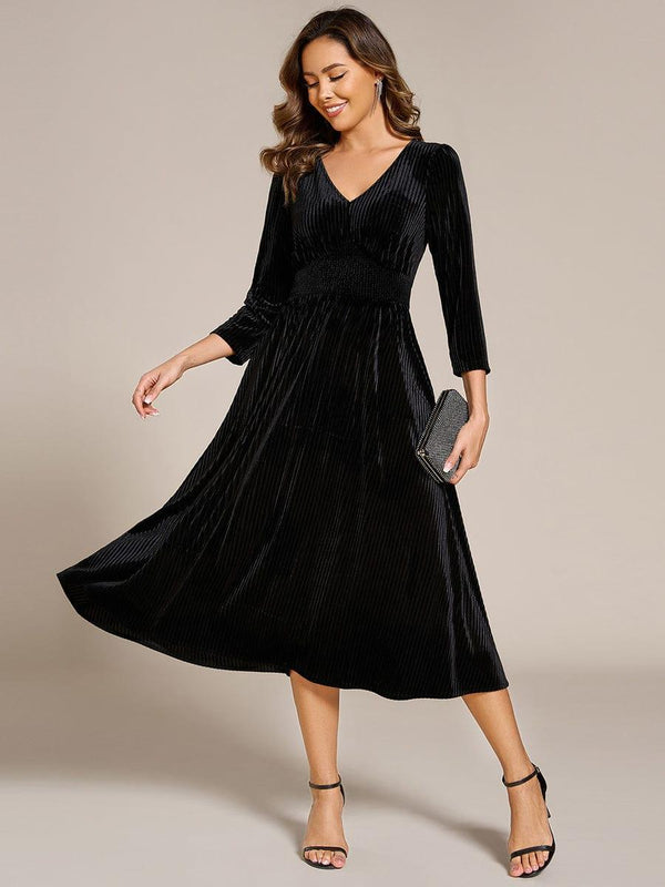 V-neck Long Sleeve Velvet A-Line Midi Wedding Guest Dress