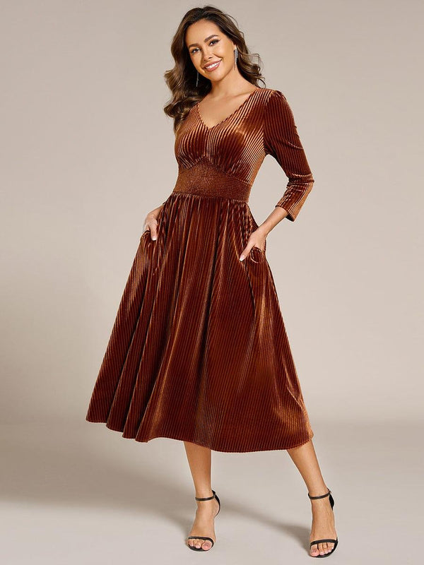 V-neck Long Sleeve Velvet A-Line Midi Wedding Guest Dress