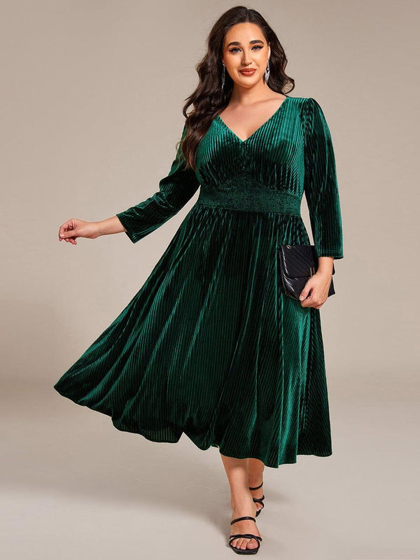 Plus Size V-neck Long Sleeve Velvet A-Line Midi Wedding Guest Dress