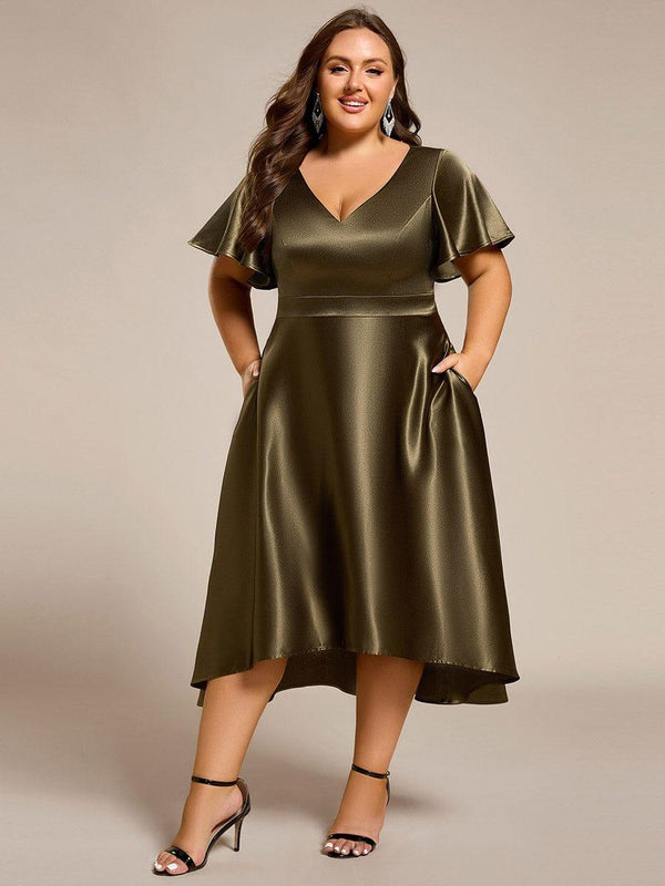Plus Size High-Low Satin Guest Dress with Pockets
