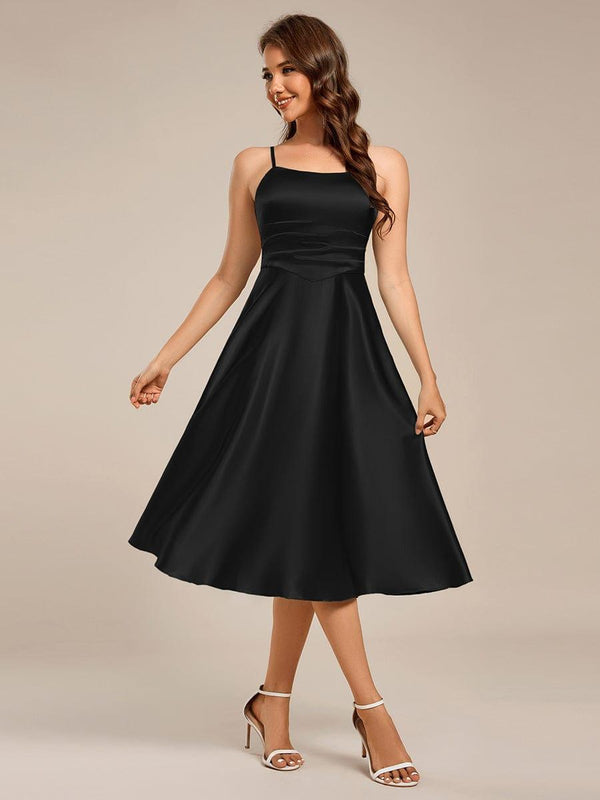 Pleated Adjustable Strap Midi Sleeveless Satin Wedding Guest Dress