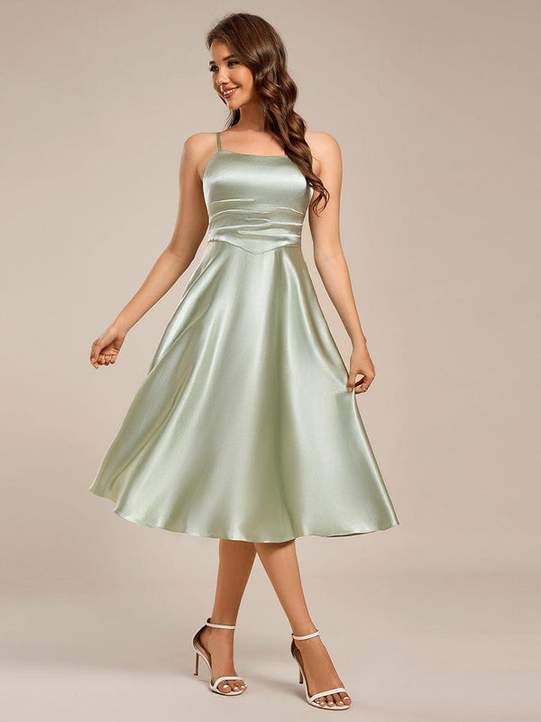 Pleated Adjustable Strap Midi Sleeveless Satin Wedding Guest Dress