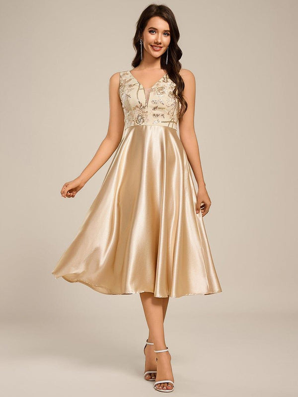 Deep V Sequin Satin Sleeveless Midi Guest Dress