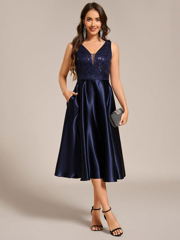 Deep V Sequin Satin Sleeveless Midi Guest Dress