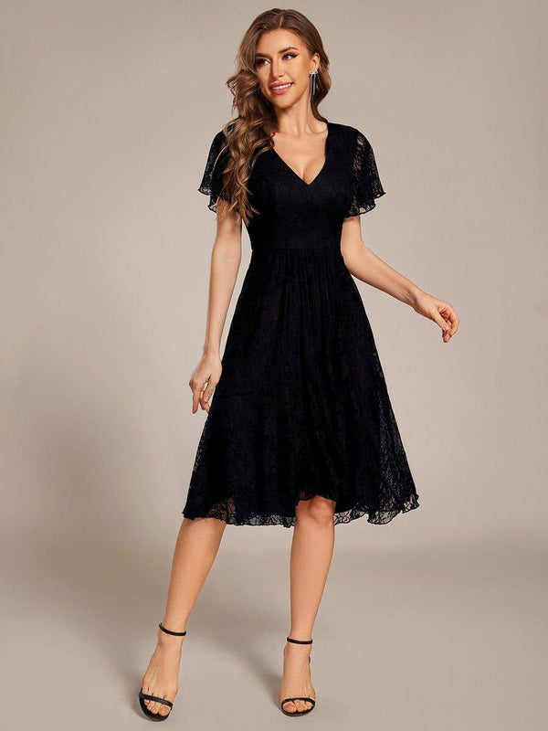 V-Neck Lace Lotus Leaf Ruffles Sleeve Midi Length Evening Dress