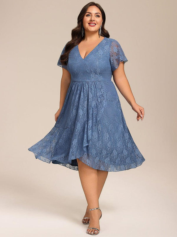 Plus Size Lace Lotus Leaf Ruffles Sleeve Midi Wedding Guest Dress
