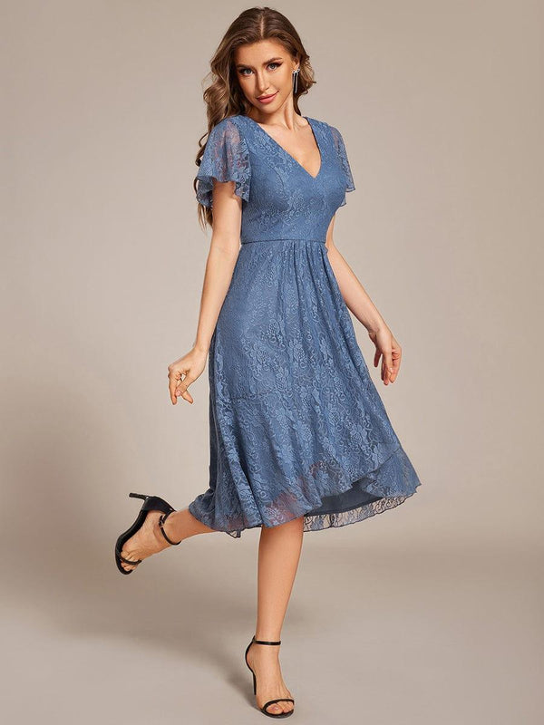 V-Neck Lace Lotus Leaf Ruffles Sleeve Midi Length Wedding Guest Dress