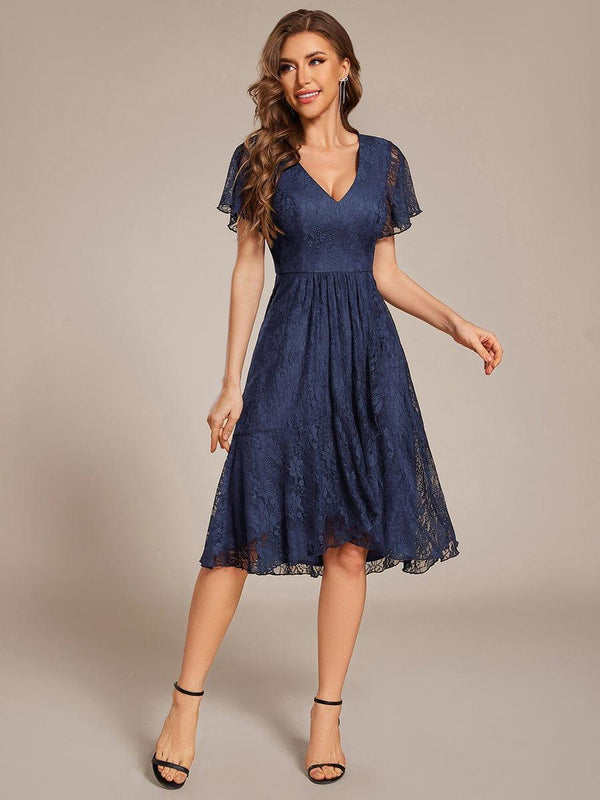 V-Neck Lace Lotus Leaf Ruffles Sleeve Midi Length Wedding Guest Dress