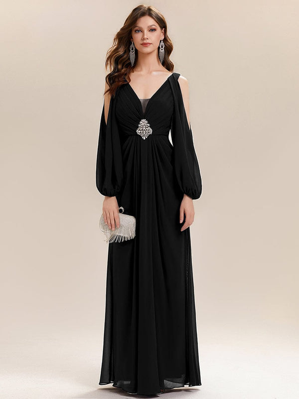 Rhinestone Embellished Chiffon Lantern Sleeve Dress