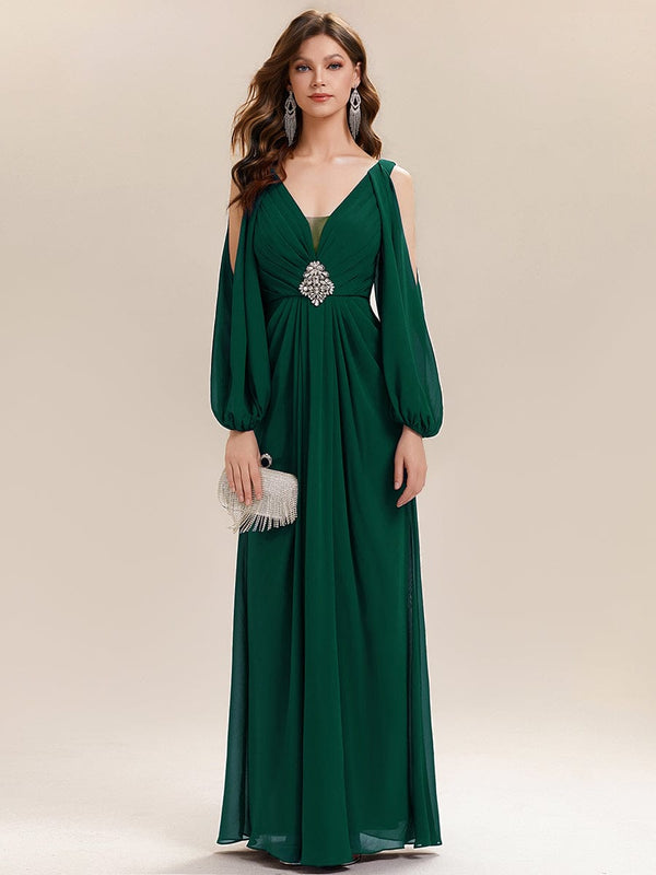Rhinestone Embellished Chiffon Lantern Sleeve Dress