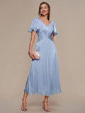 Gathered Sea-island Filament Fabircs Ruffle Sleeve Dress