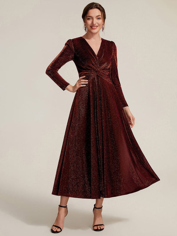 Shimmer Lurex Mesh A Line Long Sleeve Tea Length Dress