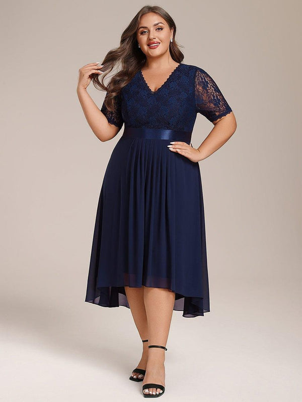 Plus Size Half Sleeve V Neck Midi Wedding Guest Dress With Lace