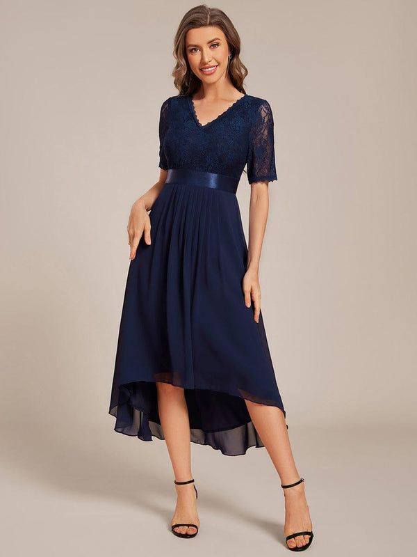 Half Sleeve V Neck Midi Wedding Guest Dress With Lace