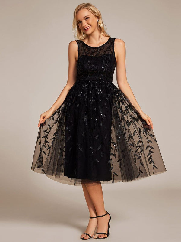Round Neck Sleeveless Leaf Sequin Midi Wedding Guest Dress