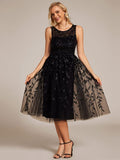 Round Neck Sleeveless Leaf Sequin Midi Wedding Guest Dress