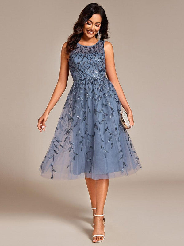 Round Neck Sleeveless Leaf Sequin Midi Wedding Guest Dress