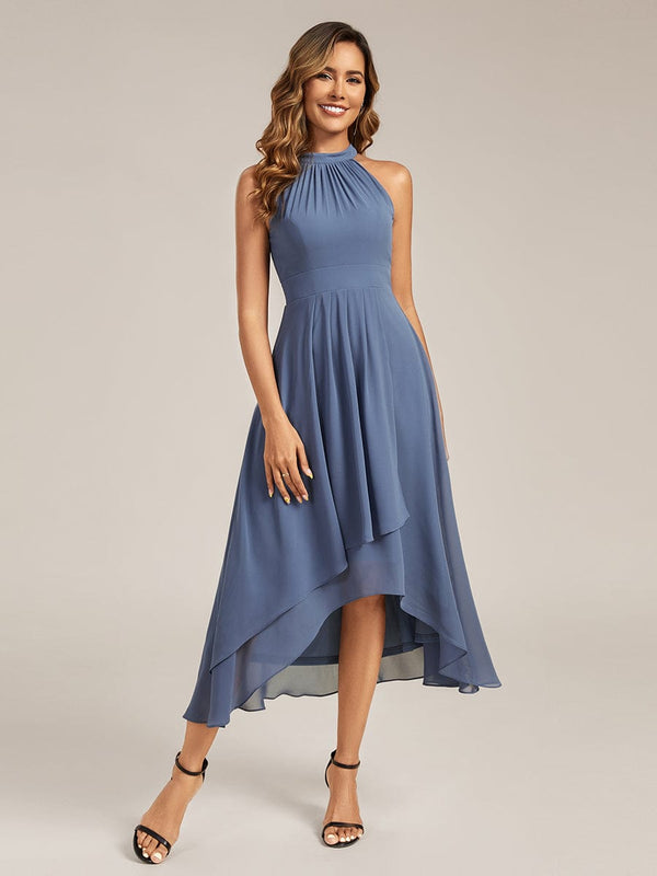 Gathered Halter Chiffon Midi Wedding Guest Dress
