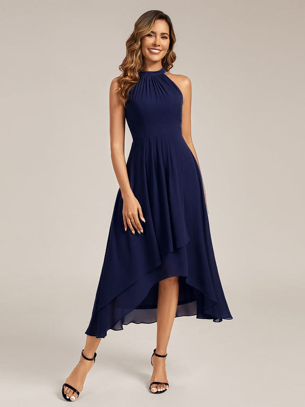 Gathered Halter Chiffon Midi Wedding Guest Dress